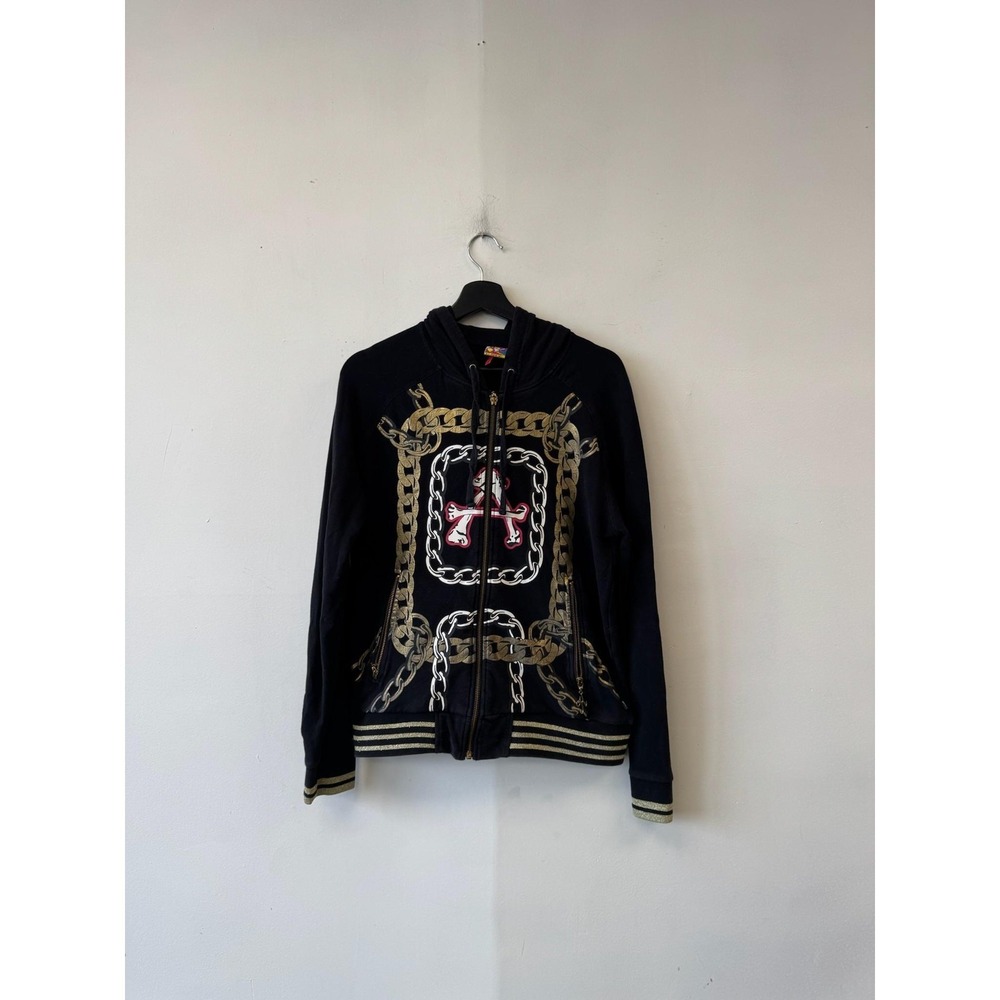 VTG AKDMKS Hoodie‎ Womens XL Black Zip Fleece Sweatshirt Skull Chain Gothic Y2K